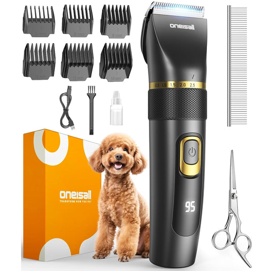 Oneisall DC-200 Dog Clippers for Grooming, Pro Dog Grooming Clippers Kit for Home, 2-Speed & 5 Adjustable Blade Height Dog Hair Clippers, IPX7 Waterproof, Detachable Blade, Low Noise, Black