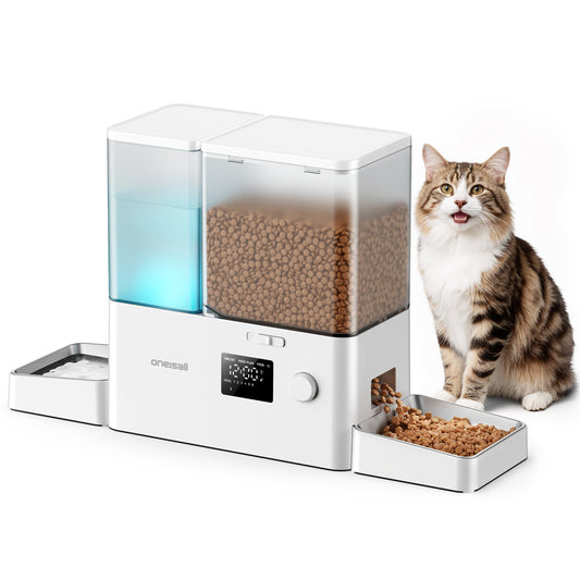 Oneisall PF14 Automatic Cat Feeder and Water Dispenser, 2-in-1 Large Capacity 5L Cat Feeder and 3.5L Gravity Water Dispenser for Pets, Timed Cat Feeder for Dry Food, White