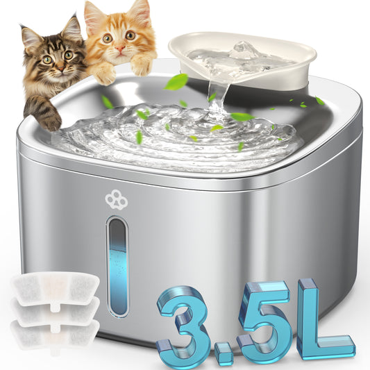 Oneisall WW02 Stainless Steel Cat Water Fountain for Cats Indoor, 3.5L/118oz Automatic Pet Water Fountain, Quiet Cat Fountains with 3 Sets of Filters, Silver