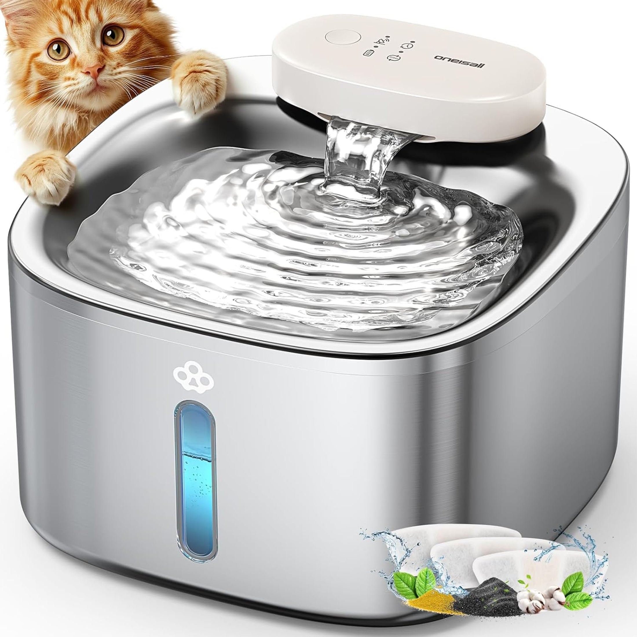 Oneisall PW04 Wireless 304 Stainless Steel Cat Water Fountain, 3.5