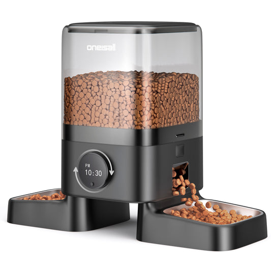 Oneisall 20 Cups/5L Automatic Cat Feeders for 2 Cats, PF09 Dual Automatic Cat Food Dispenser for Dry Food, Timed Auto Cat Feeder, 1-6 Meals Per Day, Black