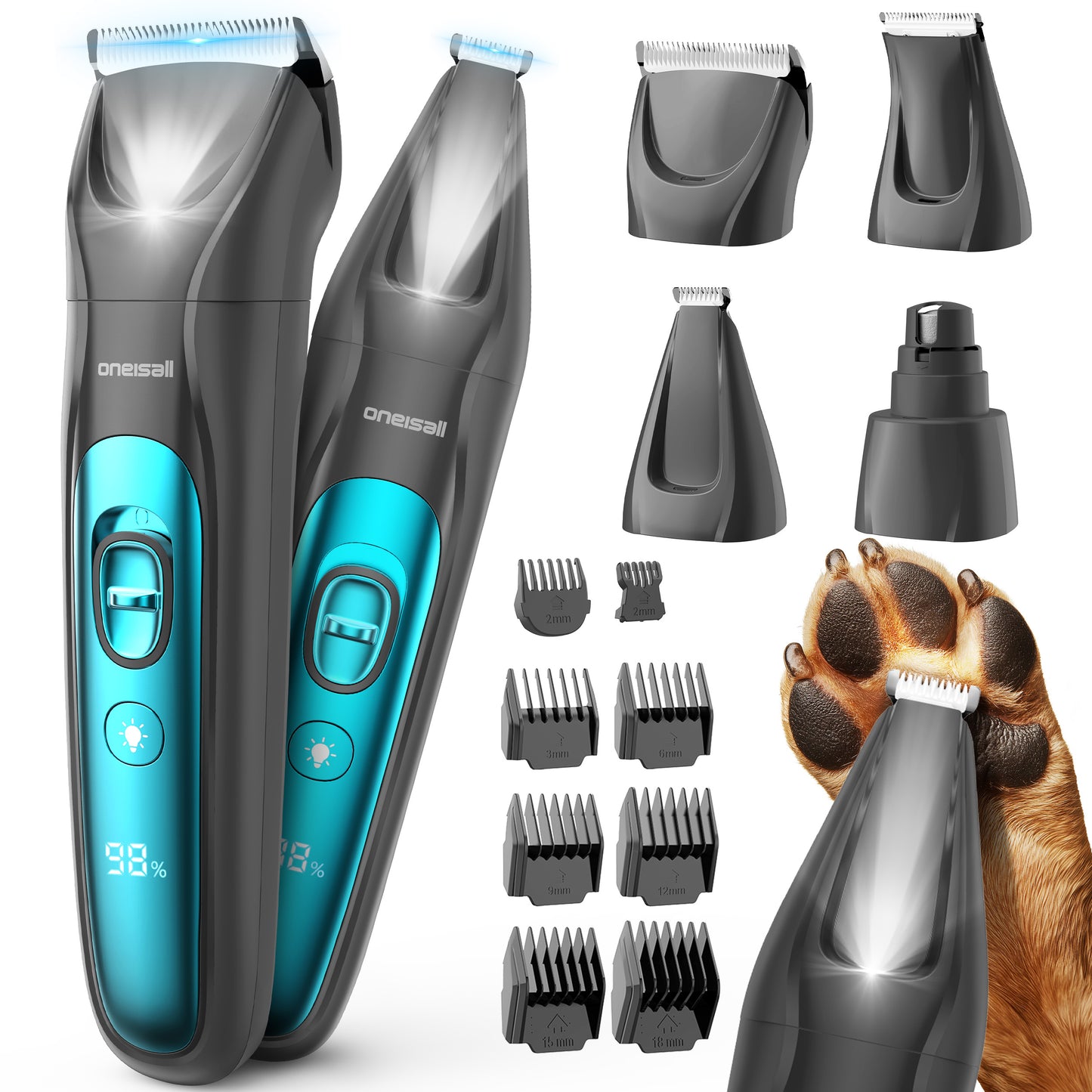 Oneisall 4-in-1 Cordless Dog Grooming Kit with LED Light, FC10 Dog Clippers & Dog Paw Trimmer & Dog Nail Grinder & Dog Grooming Clippers