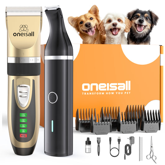 Oneisall S6 Set Dog Clippers & Dog Paw Trimmer, 2-in-1 Ultra Quiet Cordless Dog Grooming Kit, Gold & Black