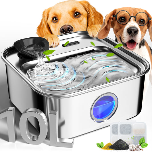 Oneisall PW07 Dog Water Fountain Stainless Steel 304, 10L/2.6Gal Automatic Dog Water Bowl Dispenser with Multi-Filtration & Deeper Drinking Area, Large Dog Water Bowl with Water Window & LED, Silver