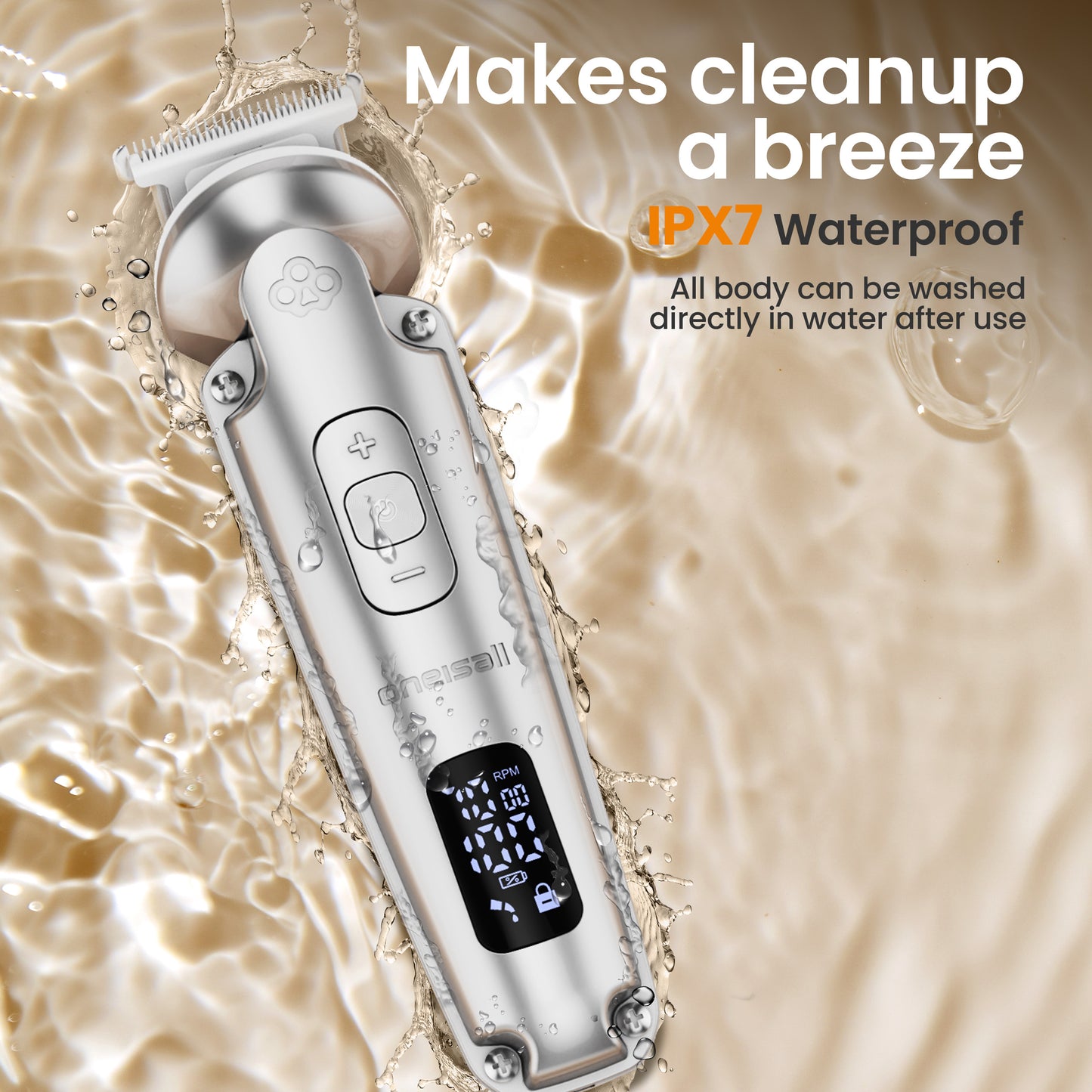 Oneisall 4-in-1 Dog Grooming Kit, FC09 Low Noise Dog Clippers and Dog Paw Trimmer, 3-Level Speed Waterproof Cordless Dog Grooming Clippers - Silver