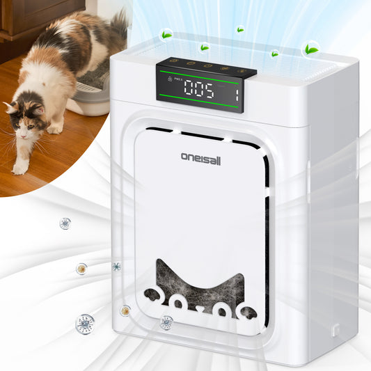 Oneisall PP02 Pet Air Purifiers for Home Up to 2200Ft², Air Purifier for Pets with Double-Sided Inlet & Washable Filters, CADR 320m³/h, 25dB, PM2.5 Display, Air Cleaner for Pet Hair, Dust - White