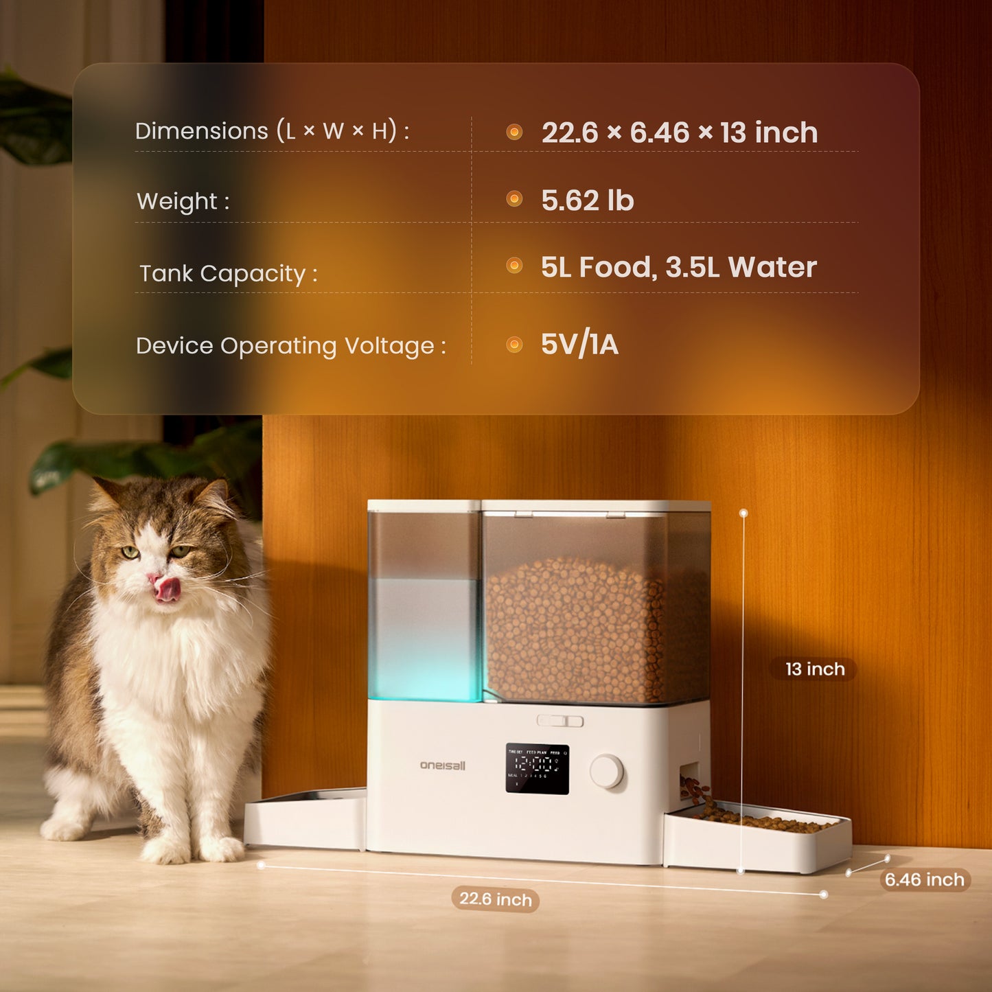 Oneisall PF14 Automatic Cat Feeder and Water Dispenser, 2-in-1 Large Capacity 5L Cat Feeder and 3.5L Gravity Water Dispenser for Pets, Timed Cat Feeder for Dry Food, White