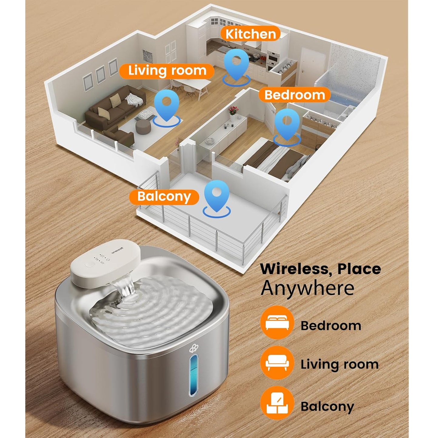 Oneisall PW04 Wireless 304 Stainless Steel Cat Water Fountain, 3.5L/118oz Cordless Water Fountains for Cats Indoor, Silver