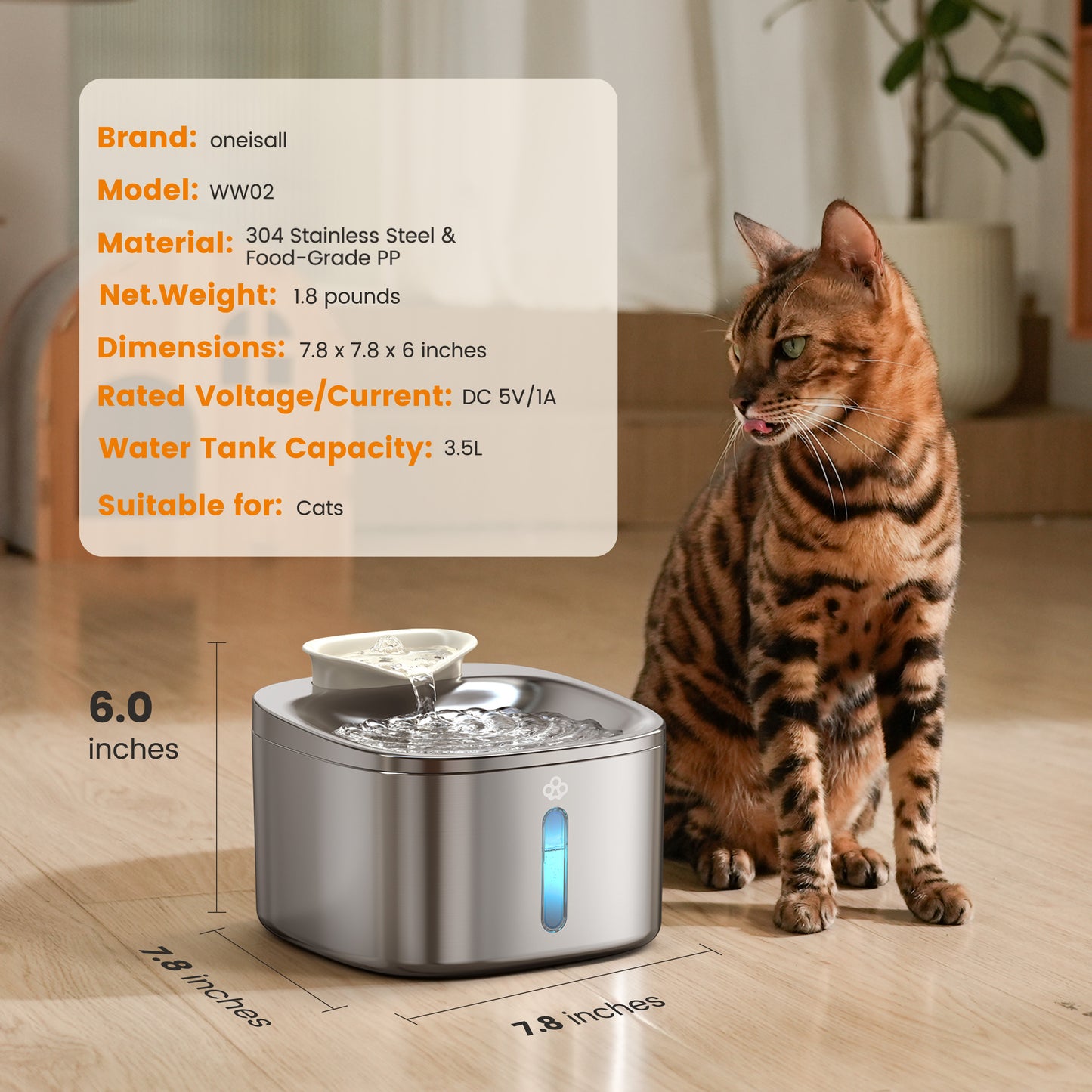 Oneisall WW02 Stainless Steel Cat Water Fountain for Cats Indoor, 3.5L/118oz Automatic Pet Water Fountain, Quiet Cat Fountains with 3 Sets of Filters, Silver
