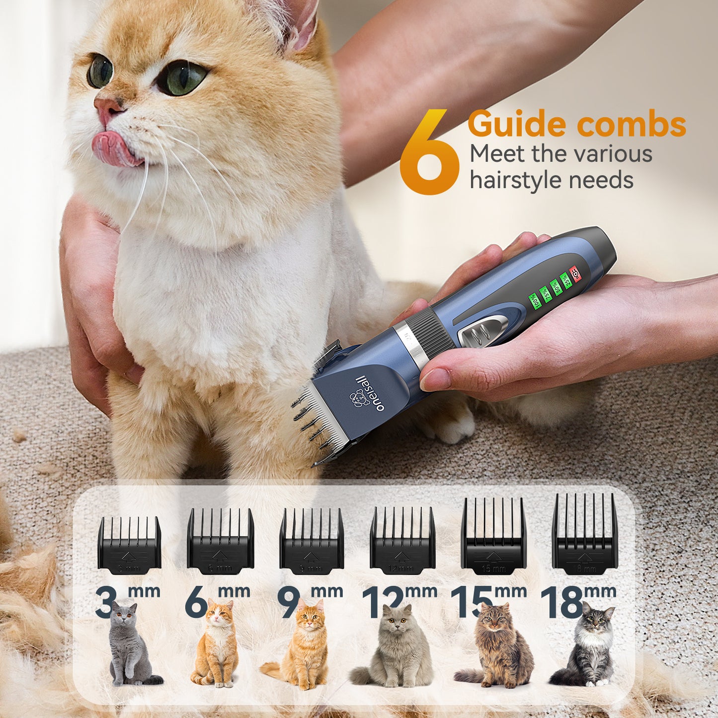 Oneisall X2+N5 Cat Clippers for Matted Hair, 2 in 1 Cat Grooming Kit, Quiet Cordless Cat Shaver and Paw Trimmer for Long Hair, Cat Hair Trimmer for Grooming, Pet Clippers for Cats, Navy & Black