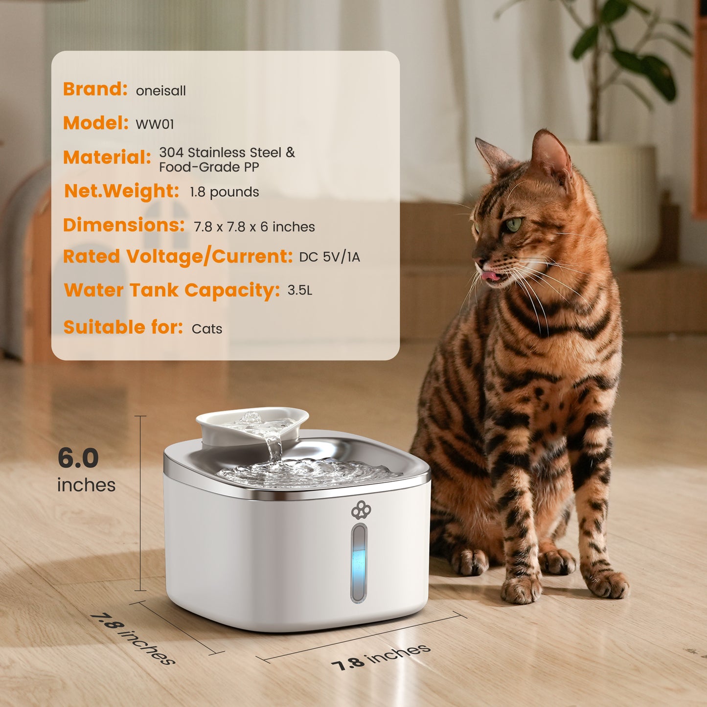Oneisall WW01 304 Stainless Steel Cat Water Fountain, 3.5L/118oz Low Noise Cat Drinking Fountain for Cats Indoor, Automatic Cat Fountain with 3 Sets of Filters, White