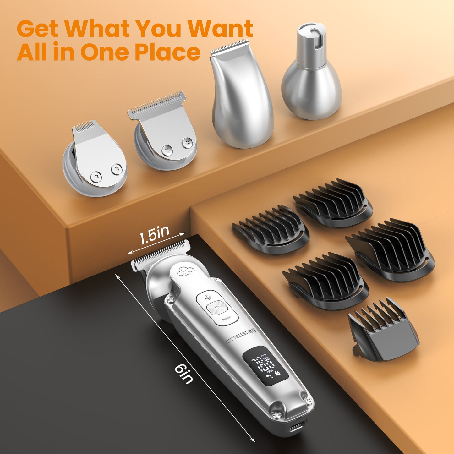 Oneisall 4-in-1 Dog Grooming Kit, FC09 Low Noise Dog Clippers and Dog Paw Trimmer, 3-Level Speed Waterproof Cordless Dog Grooming Clippers - Silver