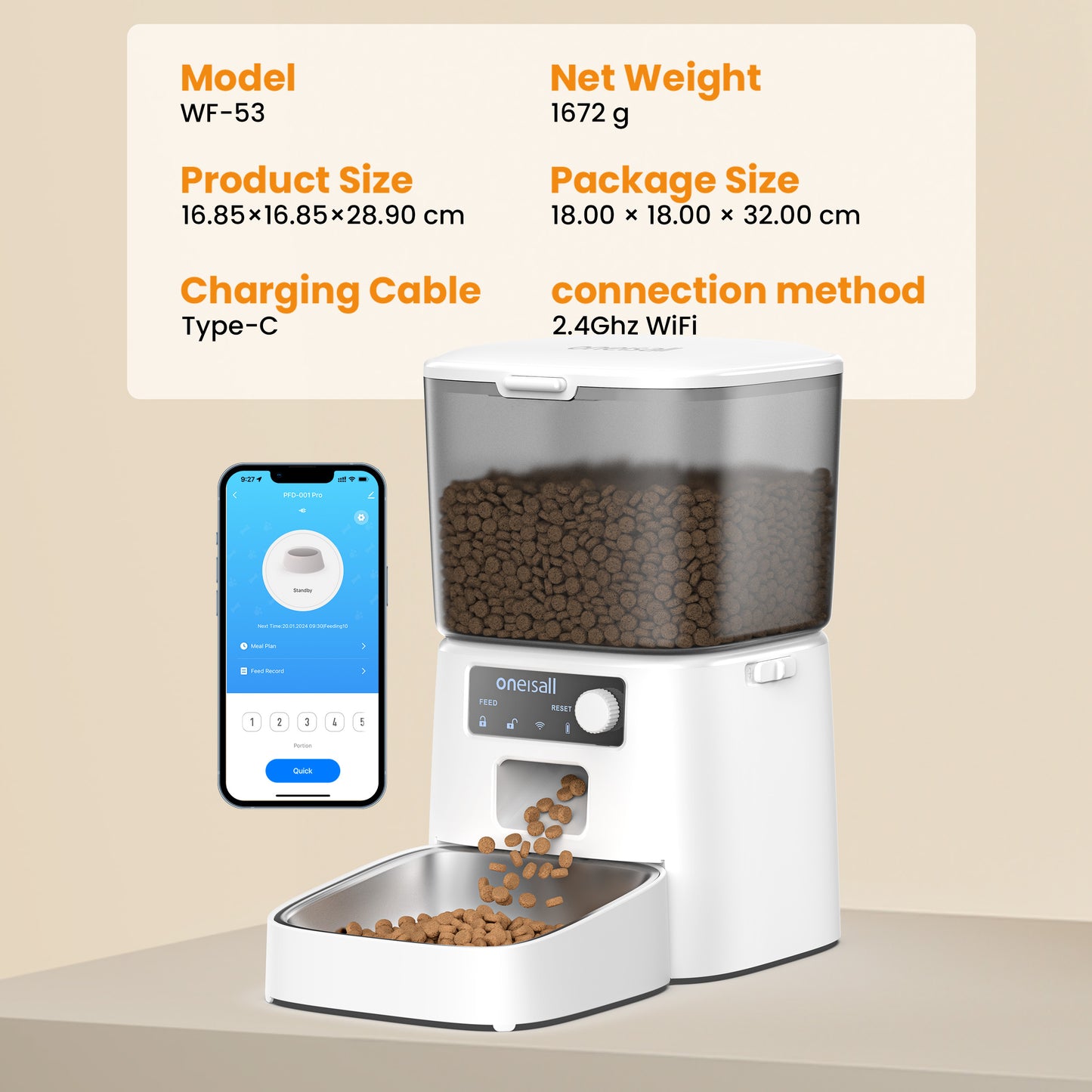 Oneisall WF-53 Automatic Cat Feeder, 2.4GHz WiFi Timed Cat Feeder with App Control, 3.5L/12 Cup Cat Food Dispenser for Dry Food, 10 Meals Per Day Auto Cats Feeder, White