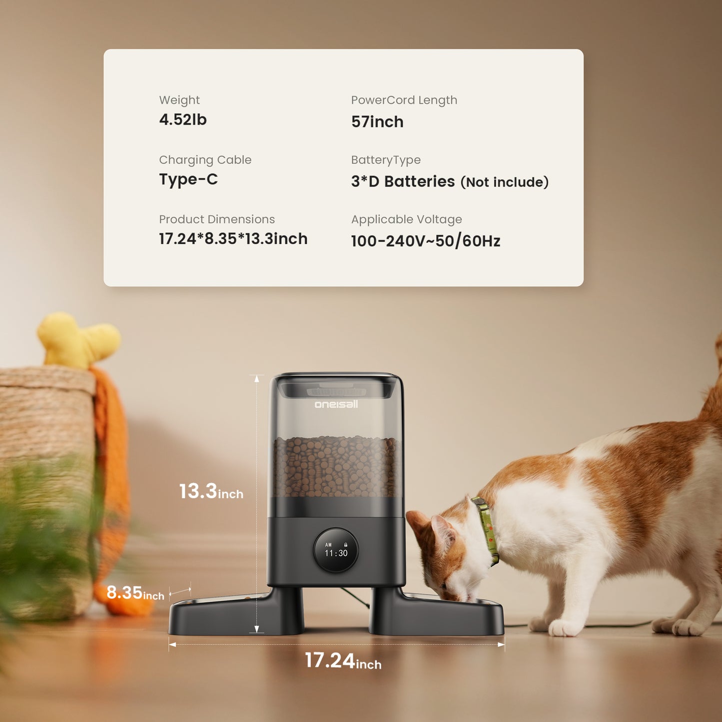 Oneisall 20 Cups/5L Automatic Cat Feeders for 2 Cats, PF09 Dual Automatic Cat Food Dispenser for Dry Food, Timed Auto Cat Feeder, 1-6 Meals Per Day, Black