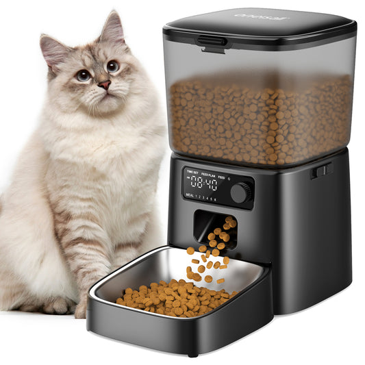 Oneisall FD-01 3.5L/12Cup Automatic Cat Feeder, Dual Power Auto Cat Feeder with Stainless Steel Bowl, Up to 36 Portions 6 Meals Per Day, Detachable Washable, Timed Feeder with Desiccant Bag - Black
