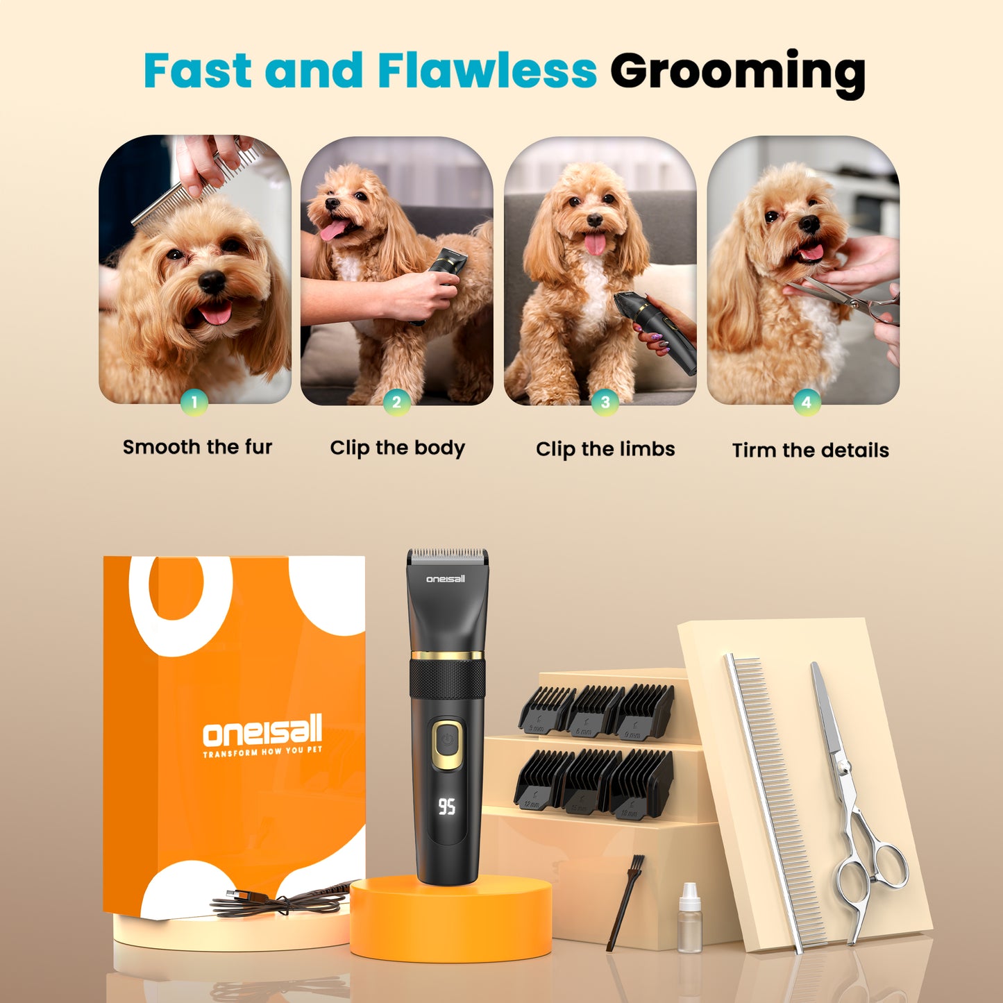 Oneisall DC-200 Dog Clippers for Grooming, Pro Dog Grooming Clippers Kit for Home, 2-Speed & 5 Adjustable Blade Height Dog Hair Clippers, IPX7 Waterproof, Detachable Blade, Low Noise, Black