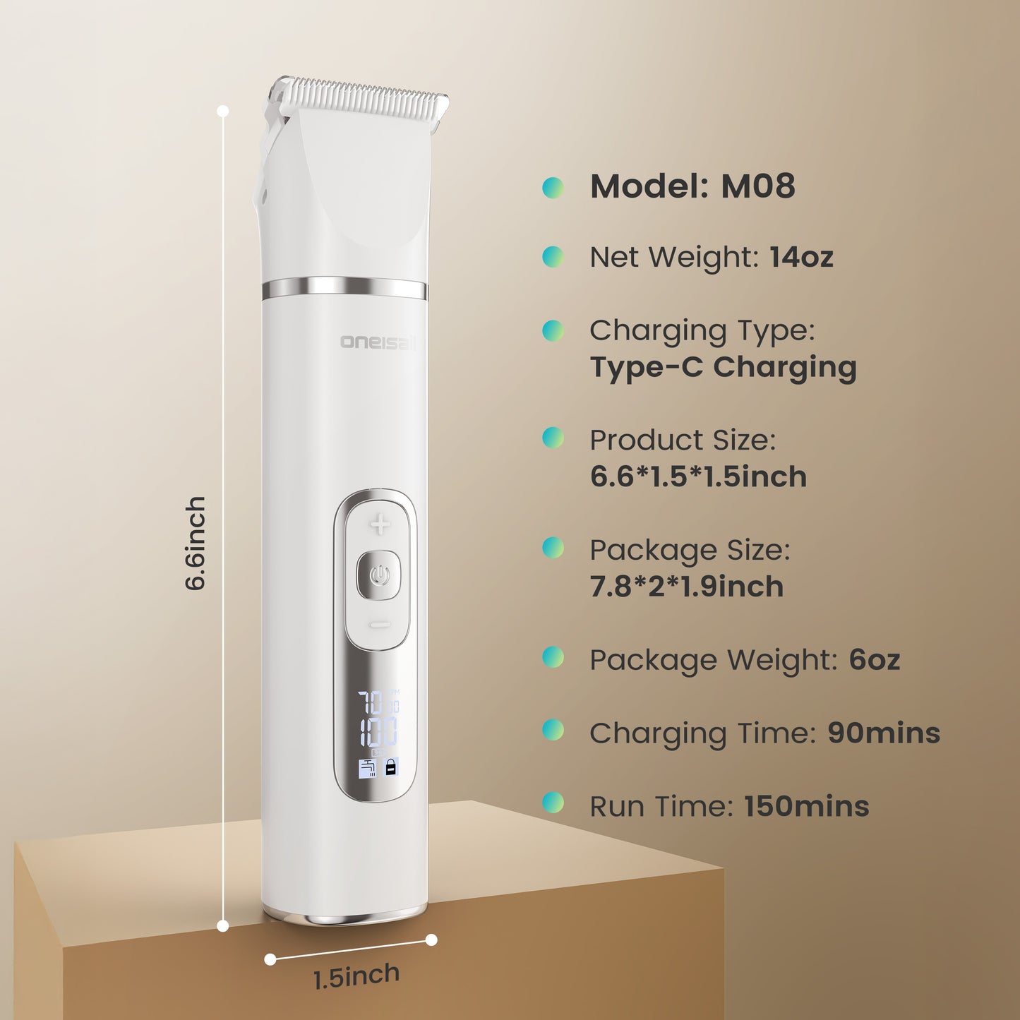 Oneisall M08 4-in-1 Dog Grooming Kit with LCD Display, Low Noise Cordless Dog Paw Trimmer & Dog Nail Grinder, Waterproof Dog Clippers for Grooming, White