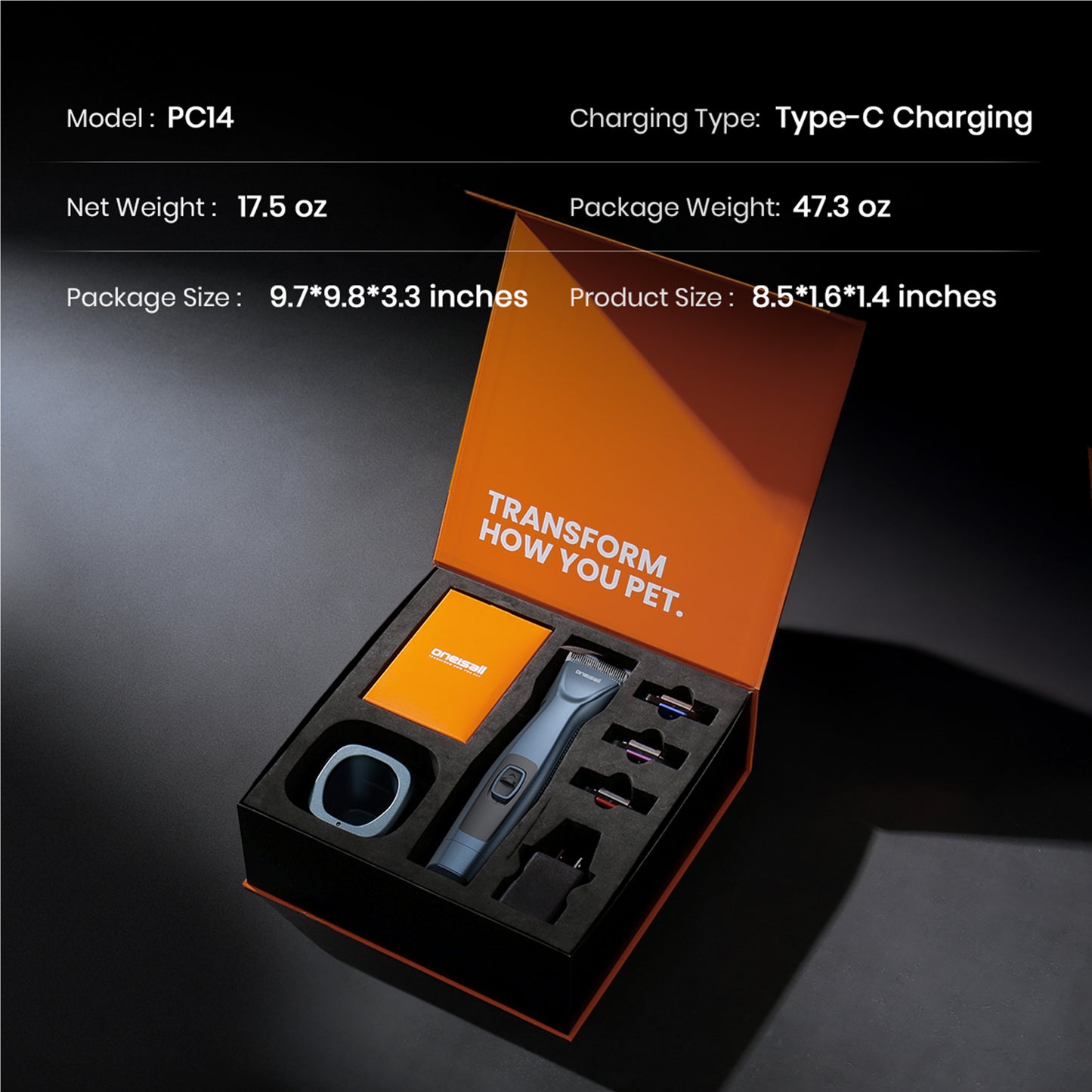 Oneisall PC14 Professional Dog Clippers for Groomer, Blade #10 - 1.5mm, Cordless 2-Speed Dog Grooming Clippers for Thick Hair, Detachable Carbonized Steel Blade & 3 Metal Combs, Detachable Battery