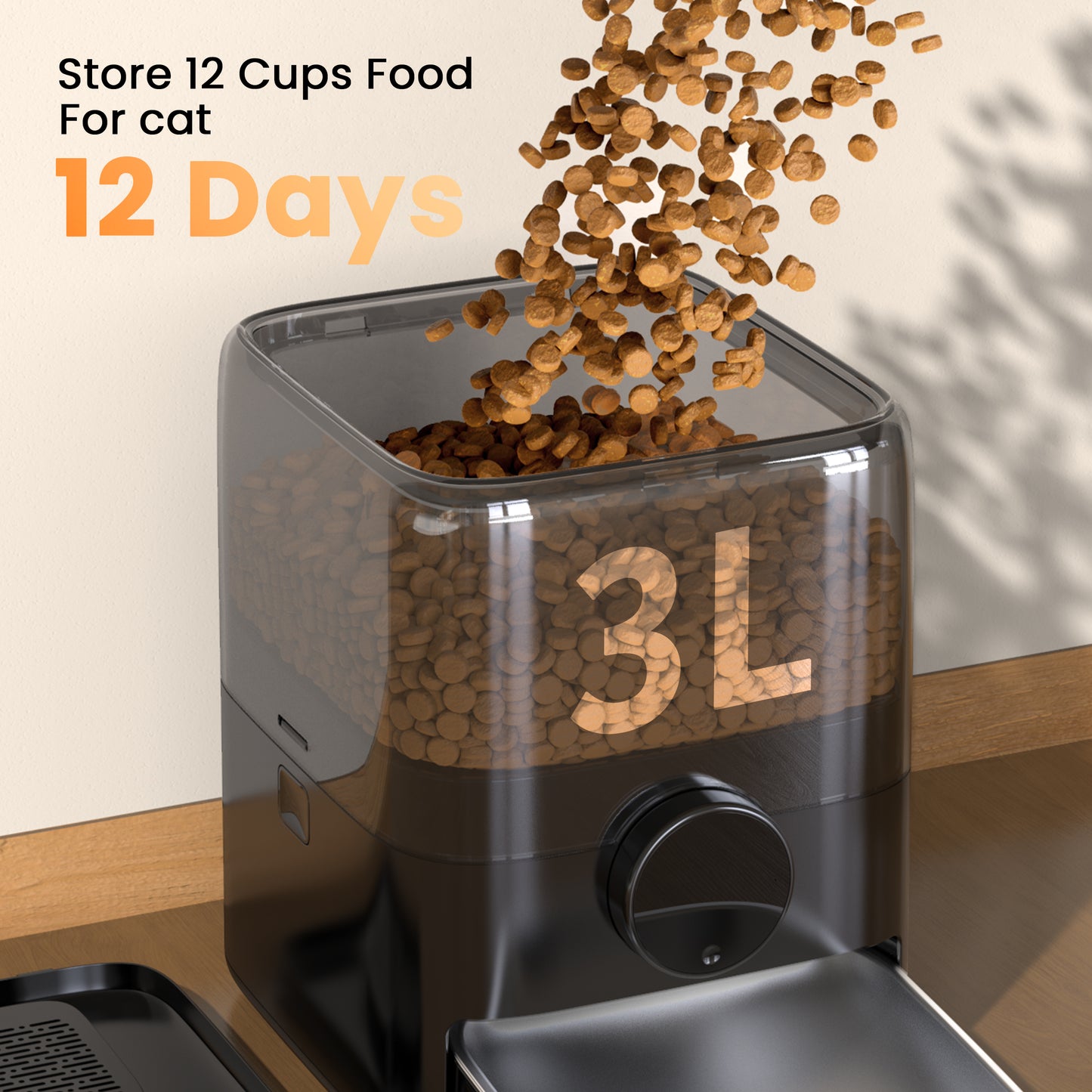 Oneisall PF05 Automatic Cat Feeder, 12 Cups/3L Programmable Cat Food Dispenser, Timed Cat Feeders for Dry Food, Black
