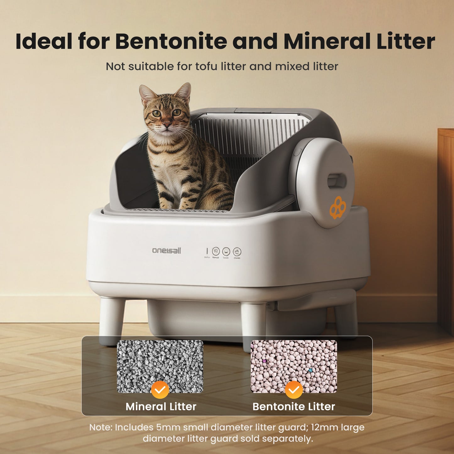 Oneisall AB01 Automatic Cat Litter Box with 17 Safety Sensors, Open Top Self Cleaning Litter Box for Multiple Cats, Automatic Litter Box with Washable Silicone Lining & 40 Waste Bags, White