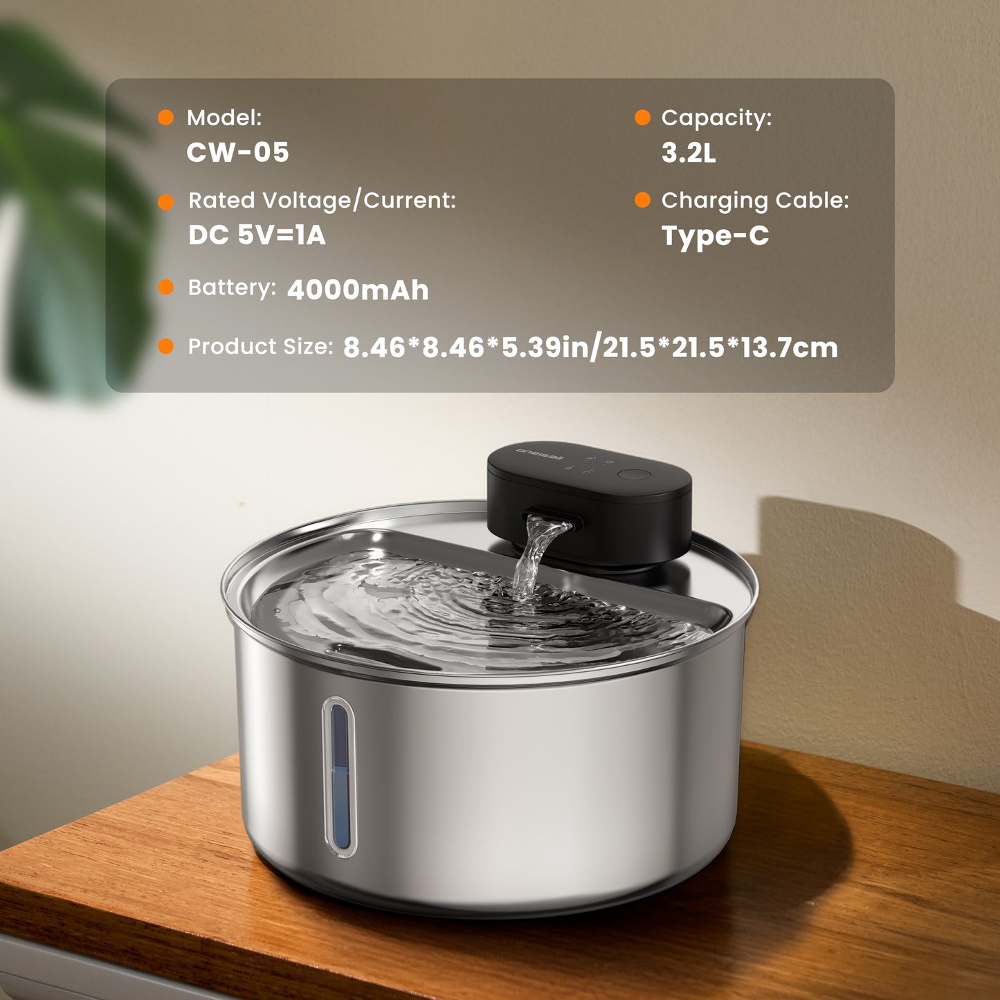 Oneisall CW-05 Stainless Steel Cat Water Fountain Wireless, 3.2L/108oz Low Noise Automatic Water Dispenser for Cats, Triple Filter Cat Fountains for Drinking - Silver