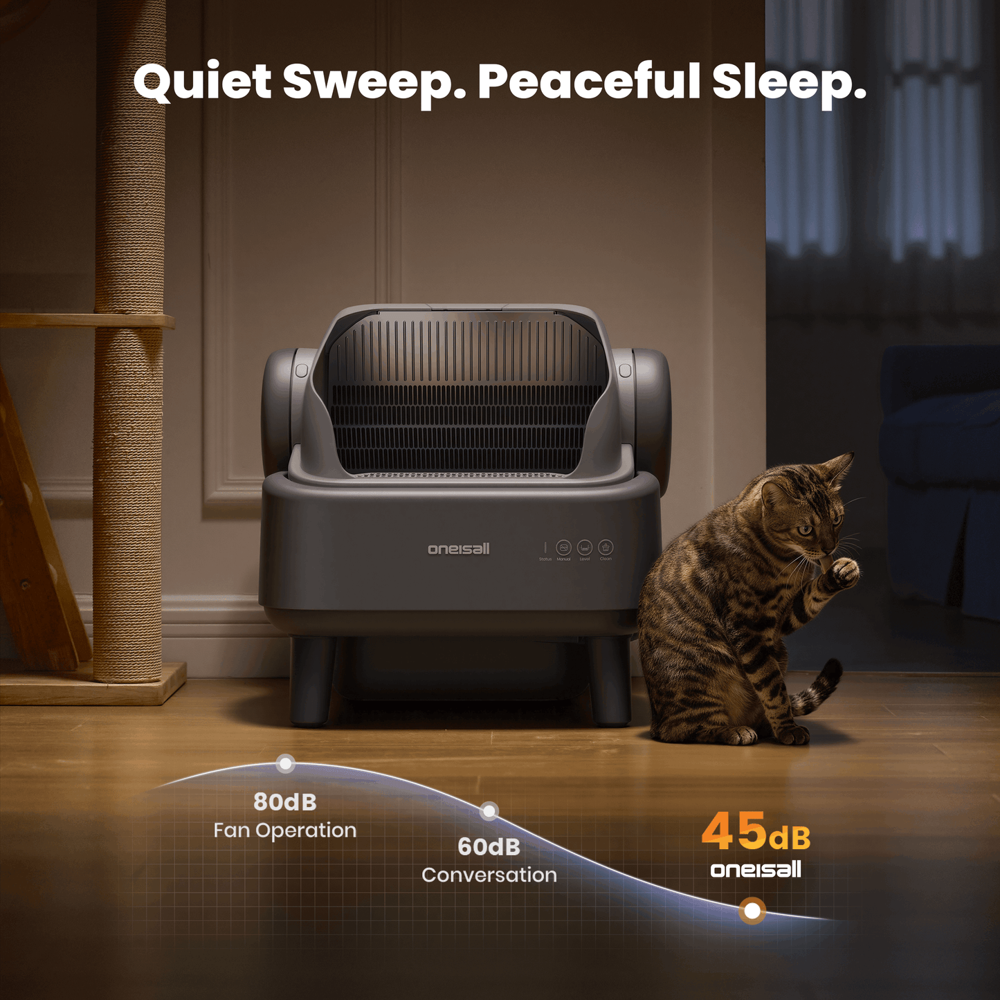 Oneisall CB01 Self-Cleaning Litter Box with EaseClean™ System, Open-Top Cat Litter Box for Large Cat, Automatic Litter Box Complete Litter Kit with Litter Mat, 40 Waste Bin Liners - Gray
