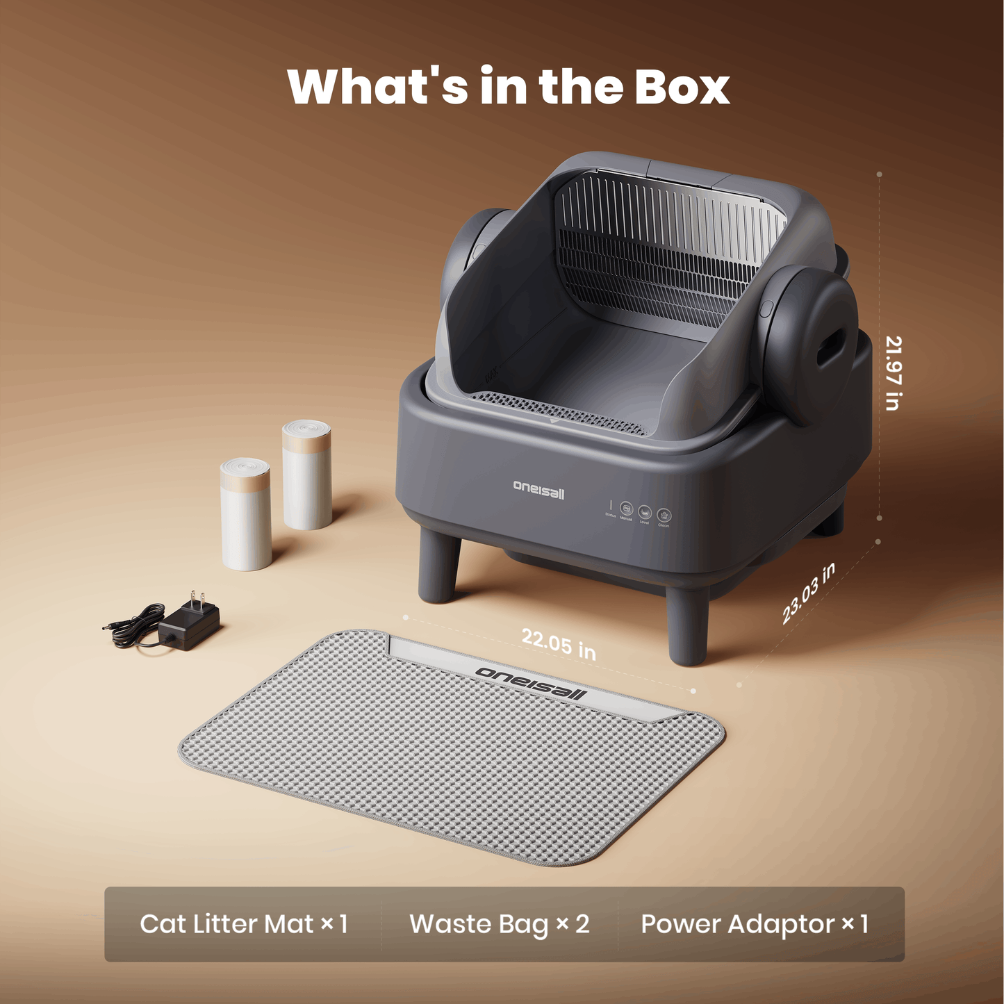 Oneisall CB01 Self-Cleaning Litter Box with EaseClean™ System, Open-Top Cat Litter Box for Large Cat, Automatic Litter Box Complete Litter Kit with Litter Mat, 40 Waste Bin Liners - Gray