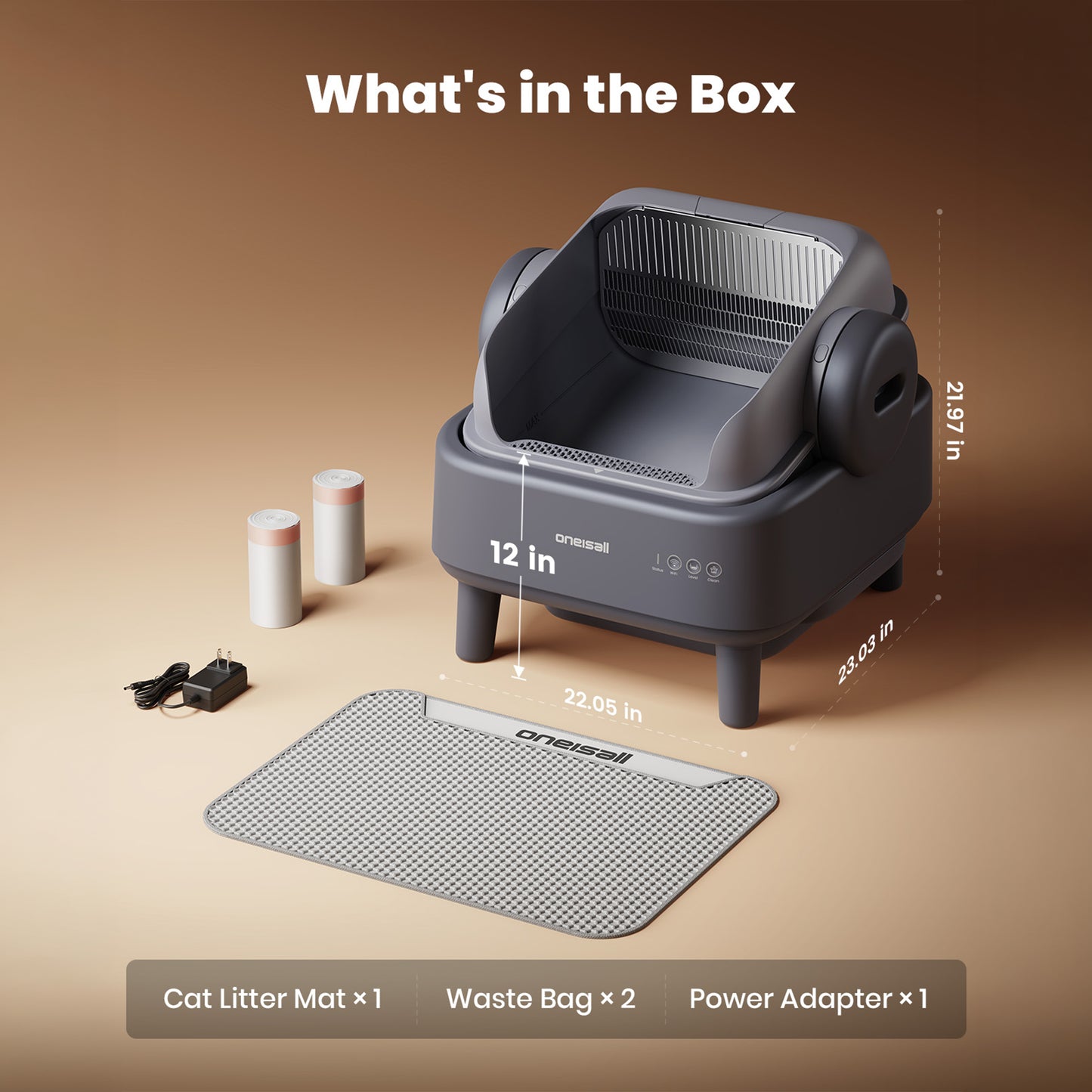 Oneisall CB02 Self Cleaning Litter Box with APP Control, Open-Top Smart Cat Litter Box Rinsable Easy Clean, Safety Protection&11L Large Waste Bin, Automatic Litter Box for Large Cats, Gray