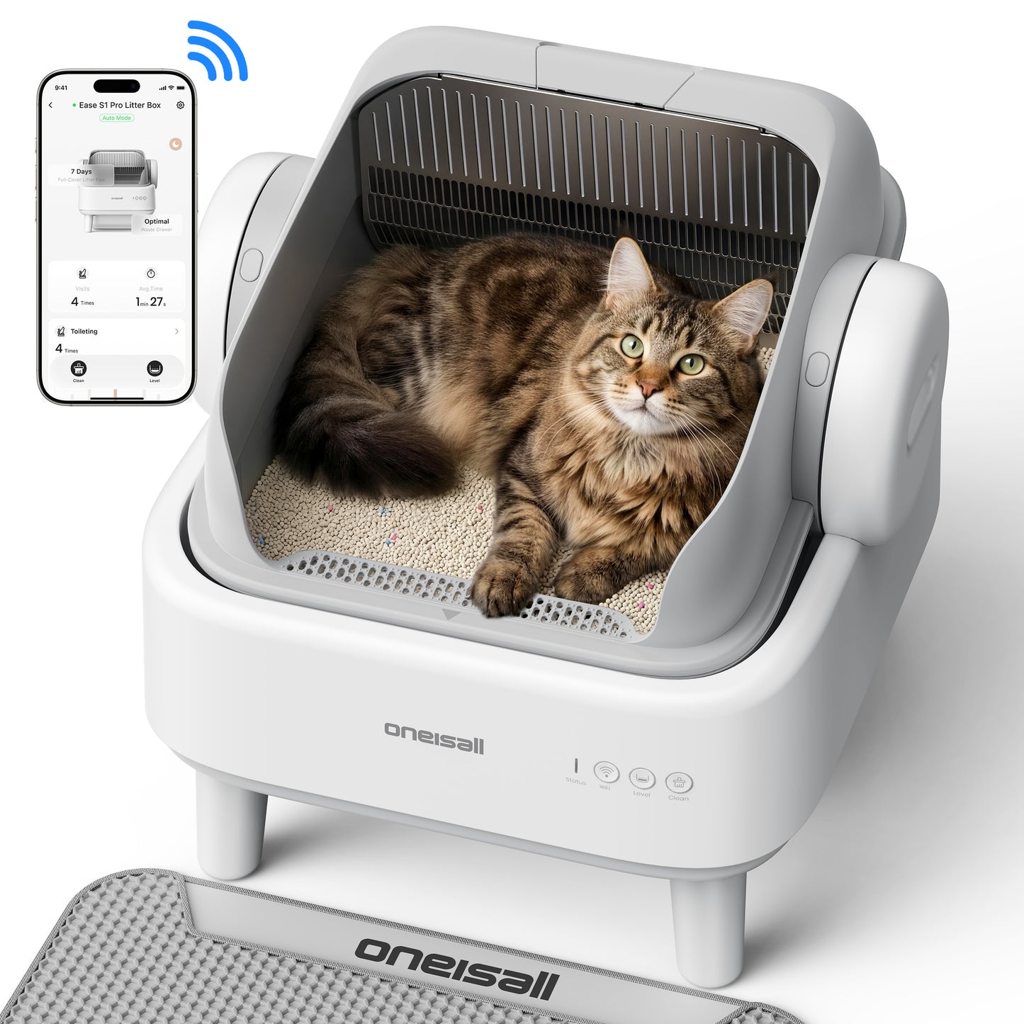 Oneisall AB02 Automatic Litter Box with APP Control, Extra-Large Open-Top Self Cleaning Litter Box with 17 Safety Sensors, White