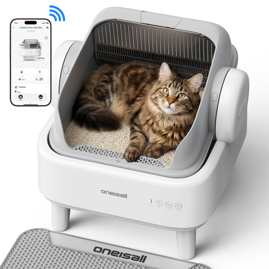 Oneisall AB02 Automatic Litter Box with APP Control, Extra-Large Open-Top Self Cleaning Litter Box with 17 Safety Sensors, White