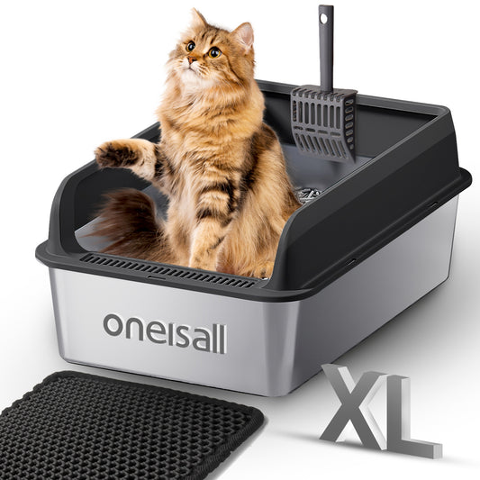 Oneisall XL Stainless Steel Cat Litter Box for Multiple Cats, MS-60 Metal Cat Litter Box with Scoop & Mat, Black