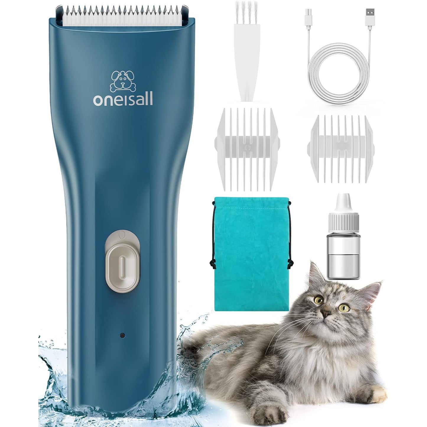 Oneisall LGL006 Cat Grooming Clippers, Cordless Quiet Cat Clippers for Cat Matted Hair, IPX7 Waterproof Small Pet Hair Clippers with 2 Guide Combs & Storage Bag, Pet Shaver for Grooming