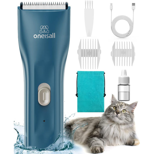 Oneisall LGL006 Cat Grooming Clippers, Cordless Quiet Cat Clippers for Cat Matted Hair, IPX7 Waterproof Small Pet Hair Clippers with 2 Guide Combs & Storage Bag, Pet Shaver for Grooming