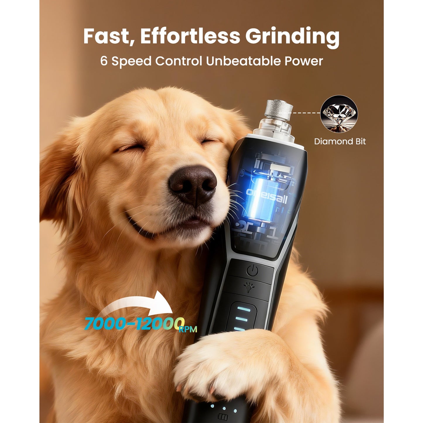 Oneisall NG02 Dog Nail Grinder for Home Grooming, 6 Speed Dog Nail File with 360° LED Ring Light, Diamond Grinding Head Dog Nail Clippers for Large Dogs, Low Vibration Quiet 45dB, Black