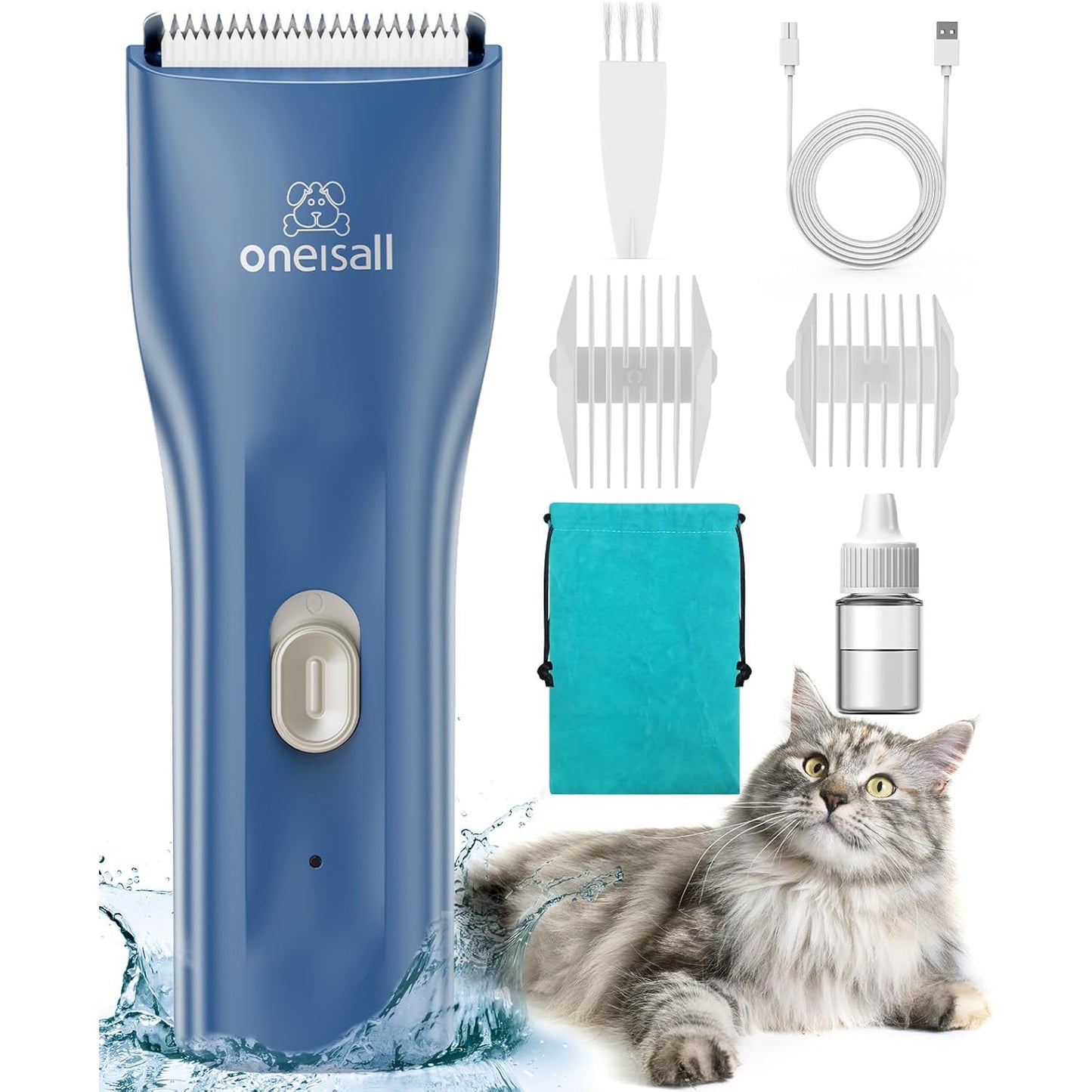 Oneisall LGL006 Cat Grooming Clippers, Cordless Quiet Cat Clippers for Cat Matted Hair, IPX7 Waterproof Small Pet Hair Clippers with 2 Guide Combs & Storage Bag, Pet Shaver for Grooming