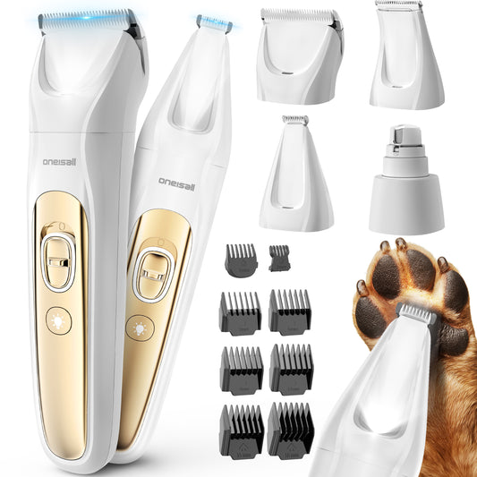 Oneisall 4-in-1 Cordless Dog Grooming Kit with LED Light, FC10 Dog Clippers & Dog Paw Trimmer & Dog Nail Grinder & Dog Grooming Clippers