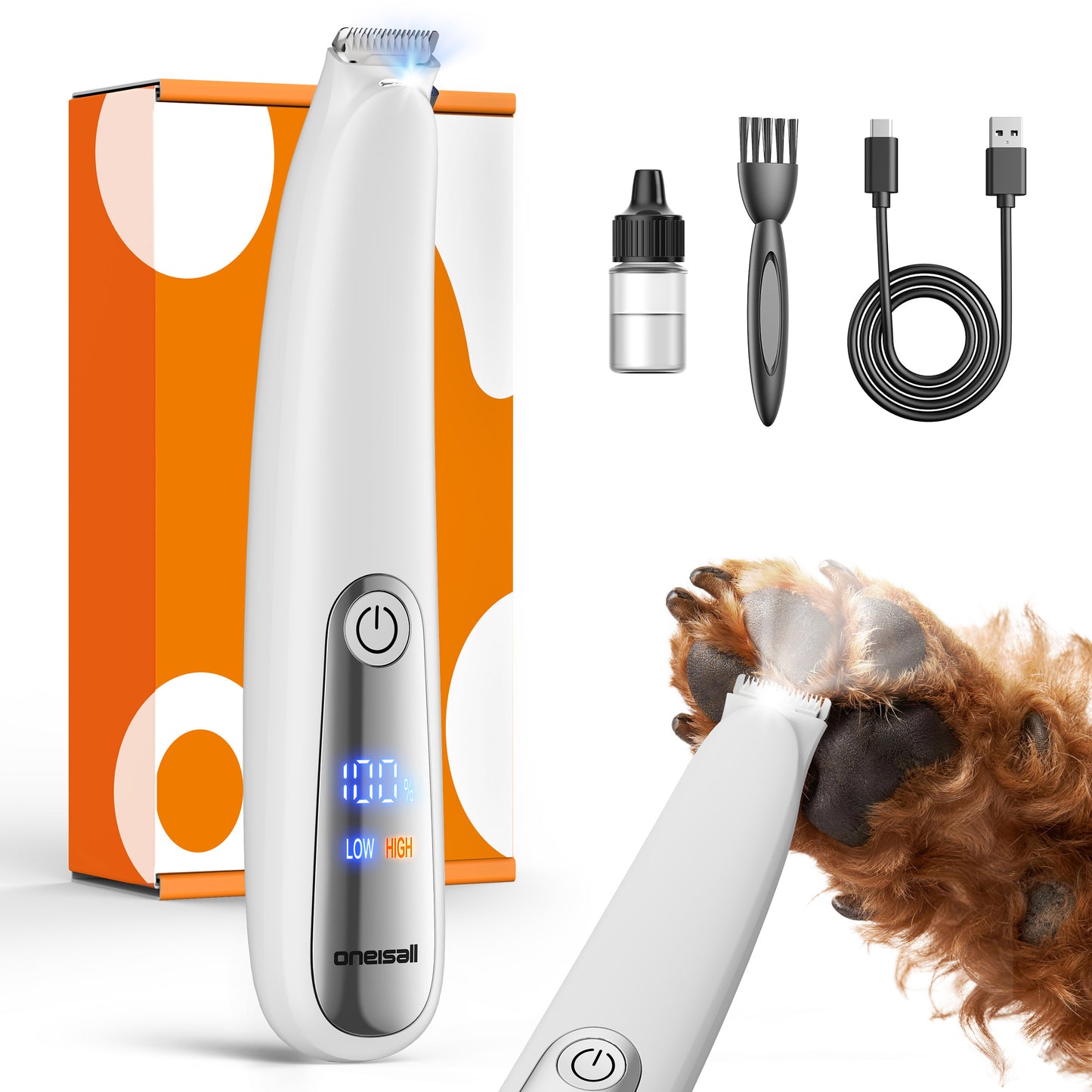 Oneisall PT01 Dog Paw Trimmer with 0.8-inch Widen Blade & LED Light, Low Noise 2 Speed Paw Trimmer for Dogs, White