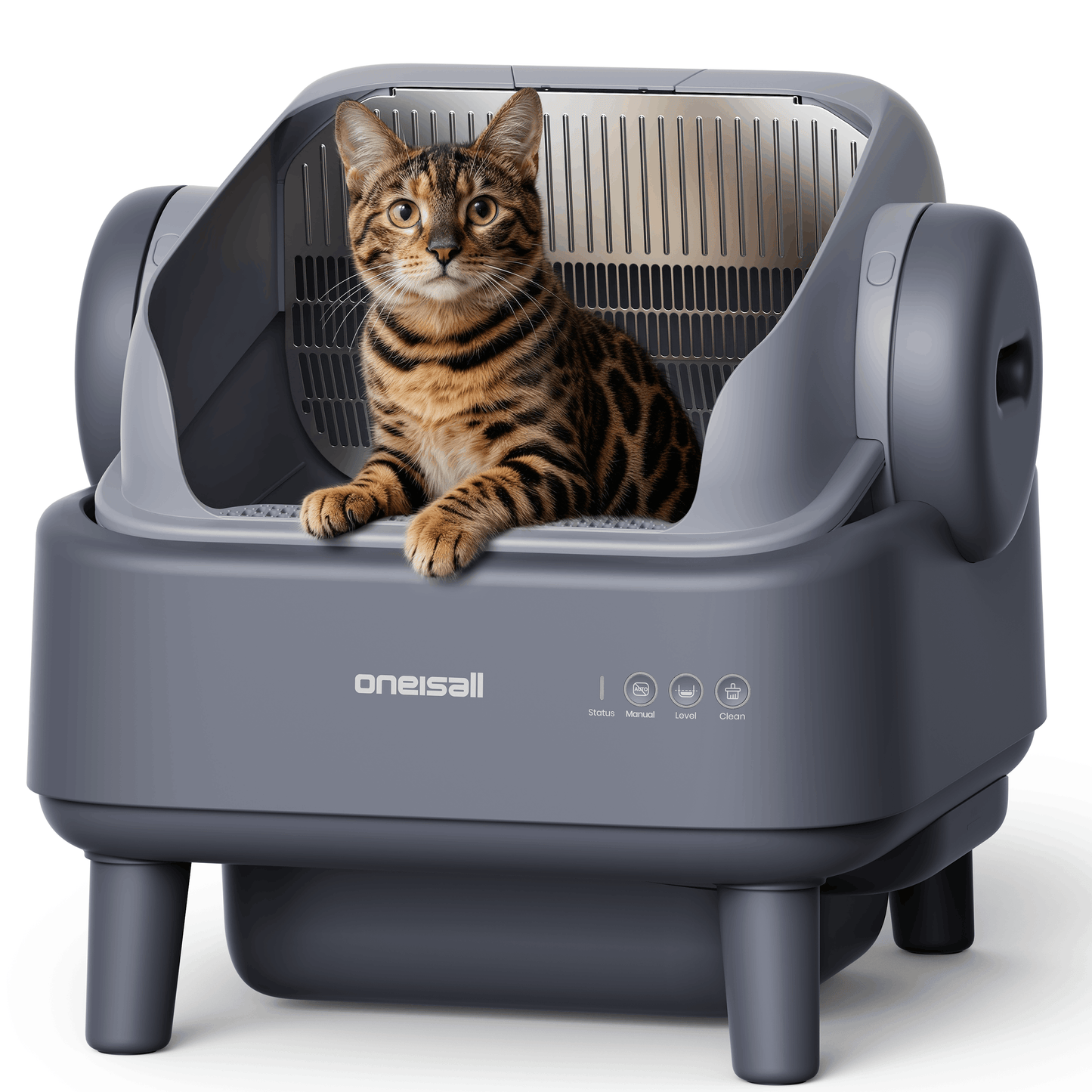 Oneisall CB01 Self-Cleaning Litter Box with EaseClean™ System, Open-Top Cat Litter Box for Large Cat, Automatic Litter Box Complete Litter Kit with Litter Mat, 40 Waste Bin Liners - Gray