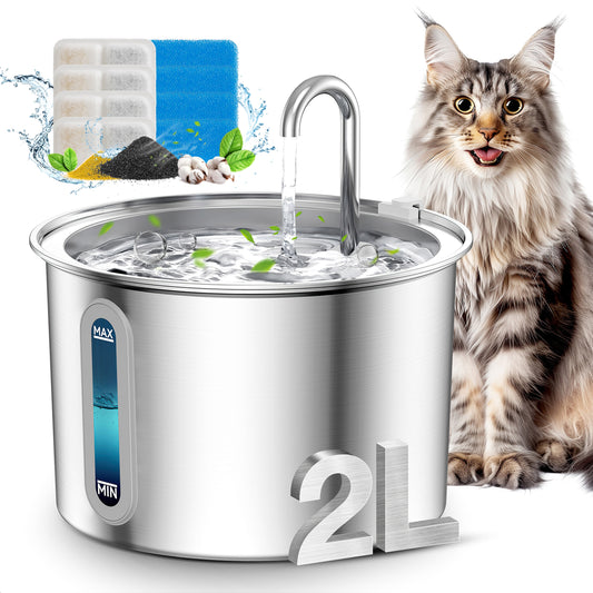Oneisall PWF-001 304 Stainless Steel Cat Water Fountain, 2L Water Fountains for Cats Indoor - Silver