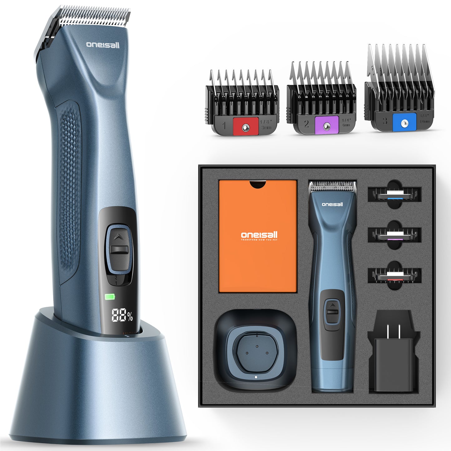 Oneisall PC14 Professional Dog Clippers for Groomer, Blade #10 - 1.5mm, Cordless 2-Speed Dog Grooming Clippers for Thick Hair, Detachable Carbonized Steel Blade & 3 Metal Combs, Detachable Battery