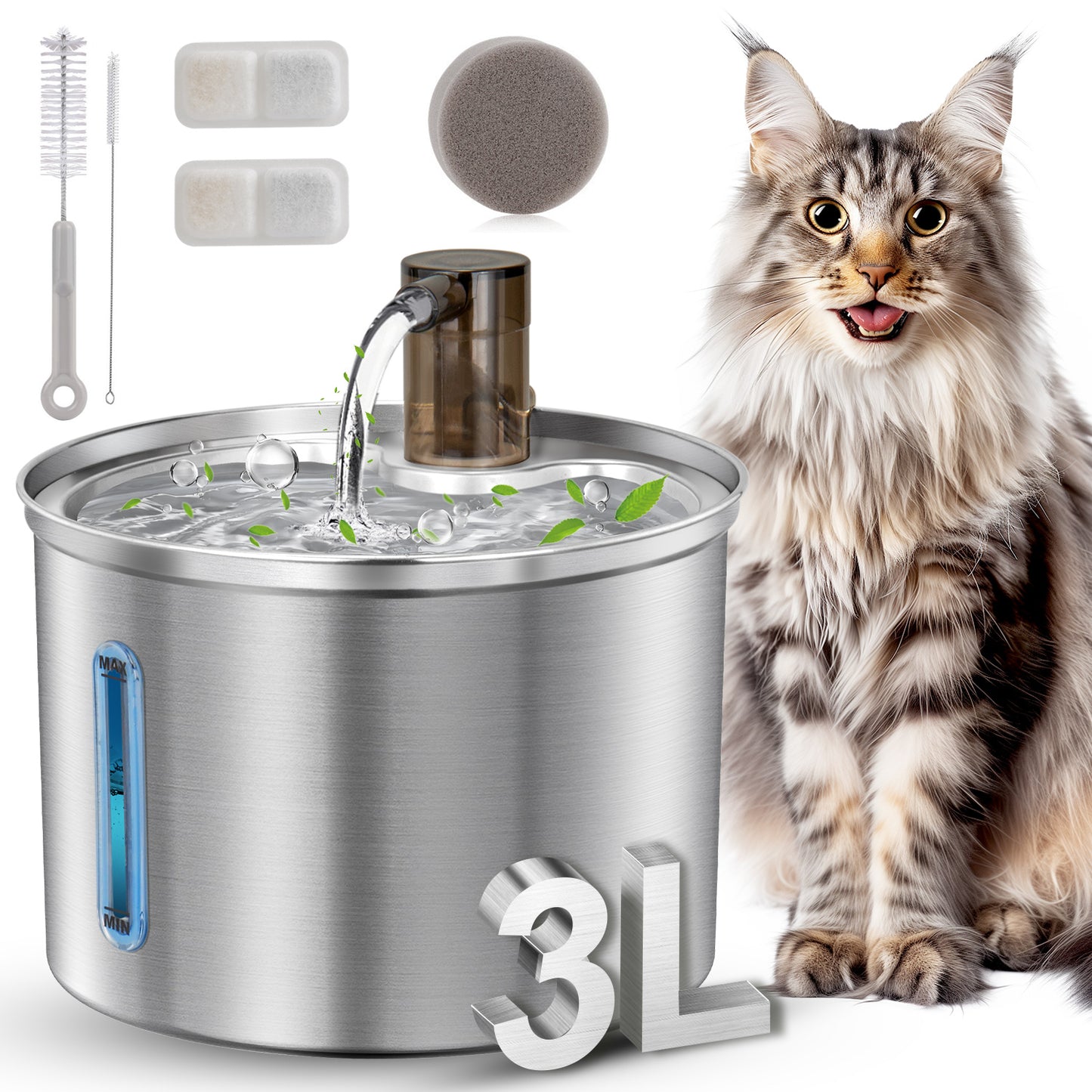 Oneisall 3L/101oz 304 Stainless Steel Cat Water Fountain, CW-03 Automatic Cat Water Dispenser