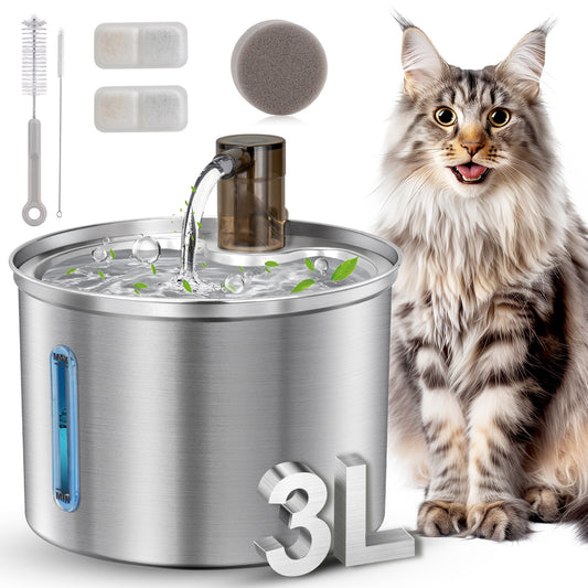 Oneisall 3L/101oz 304 Stainless Steel Cat Water Fountain, CW-03 Automatic Cat Water Dispenser