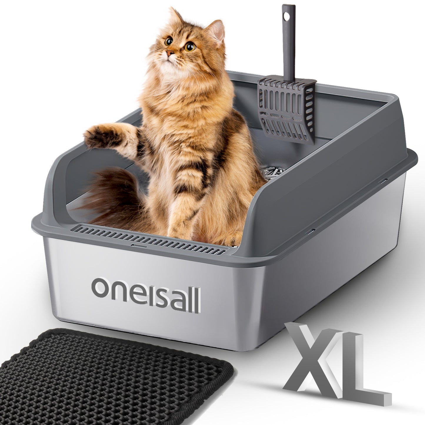 Oneisall XL Stainless Steel Cat Litter Box for Multiple Cats, MS-60 Metal Cat Litter Box with Scoop & Mat, Black