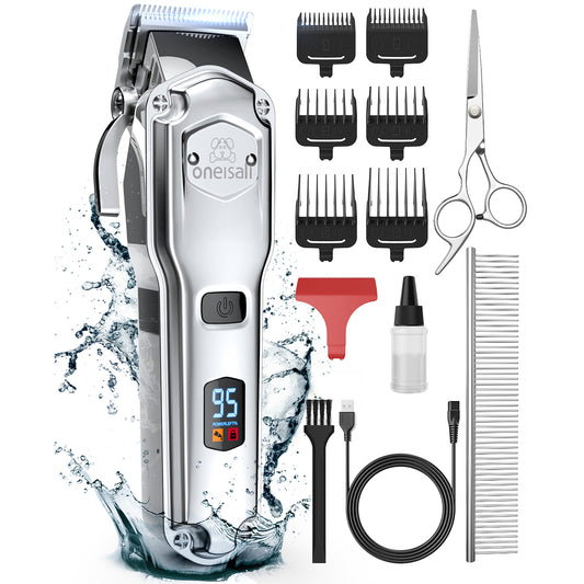 Oneisall RFC-676 Dog Clippers for Grooming, Low Noise 2000mAh Rechargeable Dog Grooming Clippers, Cordless Dog Shaver, IPX7 Waterproof Dog Grooming Kit with 6 Guide Combs, Steel Comb and Scissors