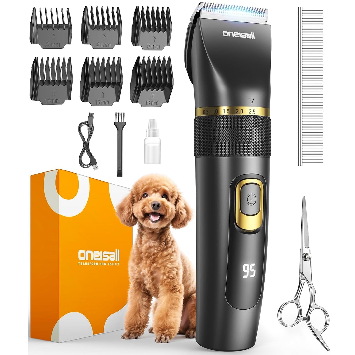 Oneisall DC-200 Dog Clippers for Grooming, Pro Dog Grooming Clippers Kit for Home, 2-Speed & 5 Adjustable Blade Height Dog Hair Clippers, IPX7 Waterproof, Detachable Blade, Low Noise, Black