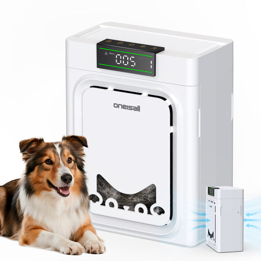 Oneisall PP02 Pet Air Purifiers for Home Up to 2200Ft², Air Purifier for Pets with Double-Sided Inlet & Washable Filters, CADR 320m³/h, 25dB, PM2.5 Display, Air Cleaner for Pet Hair, Dust - White