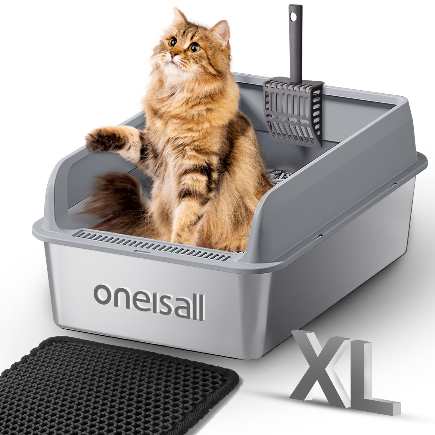 Oneisall XL Stainless Steel Cat Litter Box for Multiple Cats, MS-60 Metal Cat Litter Box with Scoop & Mat, Black