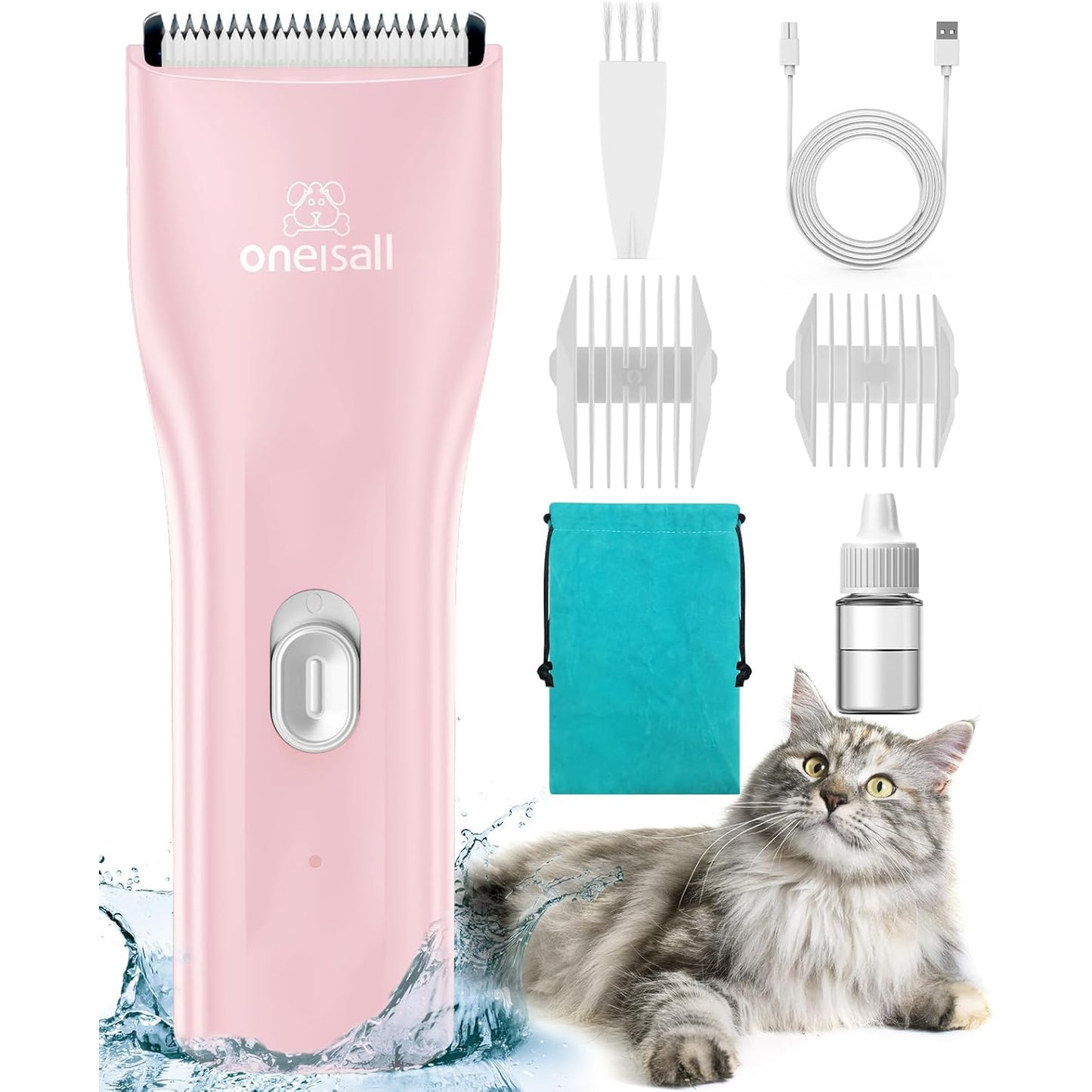 Oneisall LGL006 Cat Grooming Clippers, Cordless Quiet Cat Clippers for Cat Matted Hair, IPX7 Waterproof Small Pet Hair Clippers with 2 Guide Combs & Storage Bag, Pet Shaver for Grooming