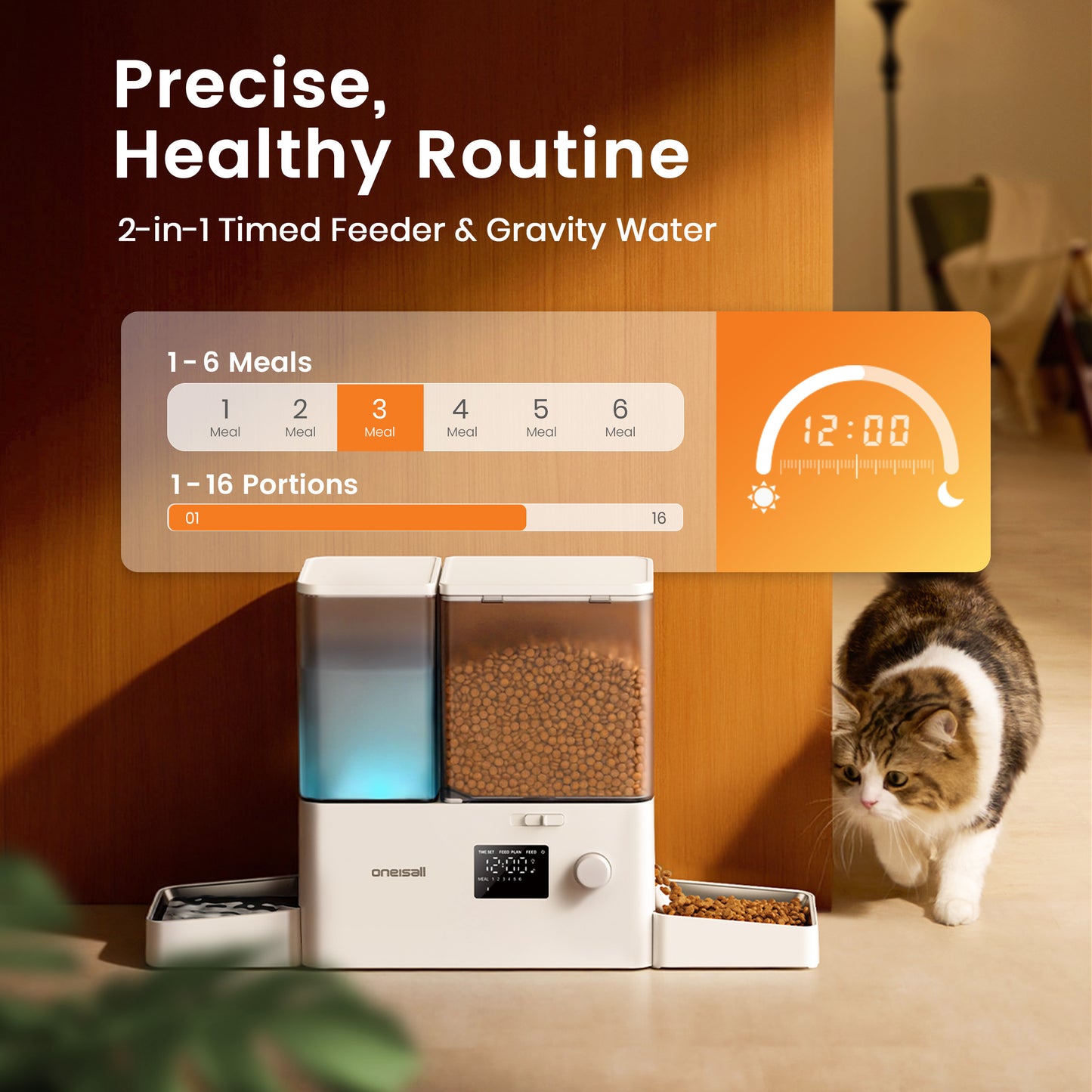 Oneisall PF14 Automatic Cat Feeder and Water Dispenser, 2-in-1 Large Capacity 5L Cat Feeder and 3.5L Gravity Water Dispenser for Pets, Timed Cat Feeder for Dry Food, White