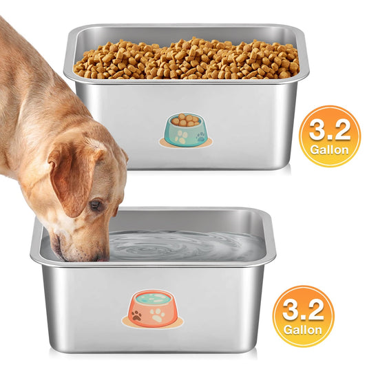 Oneisall 2 Pack 3.2 Gallons Large Dog Water Bowl and Dog Food Bowl, 304 Stainless Steel L Dog Bowl for Large Dogs, Silver